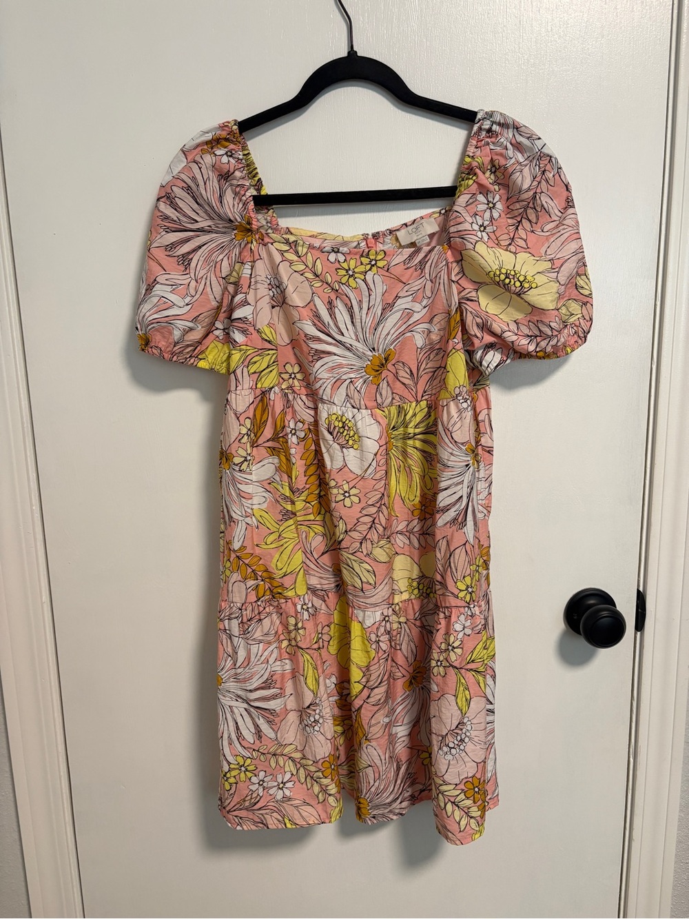 LOFT Pink Floral Puff-Sleeve Mini Dress with Yellow Accents